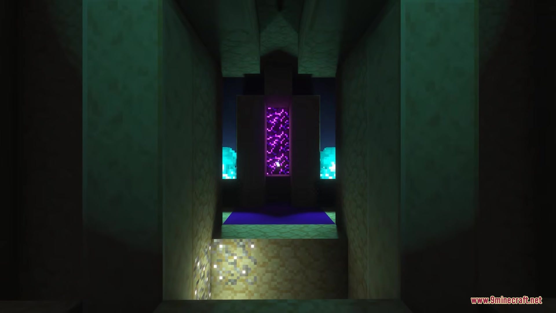 A glowing purple portal stands between blue flames inside a dark stone chamber