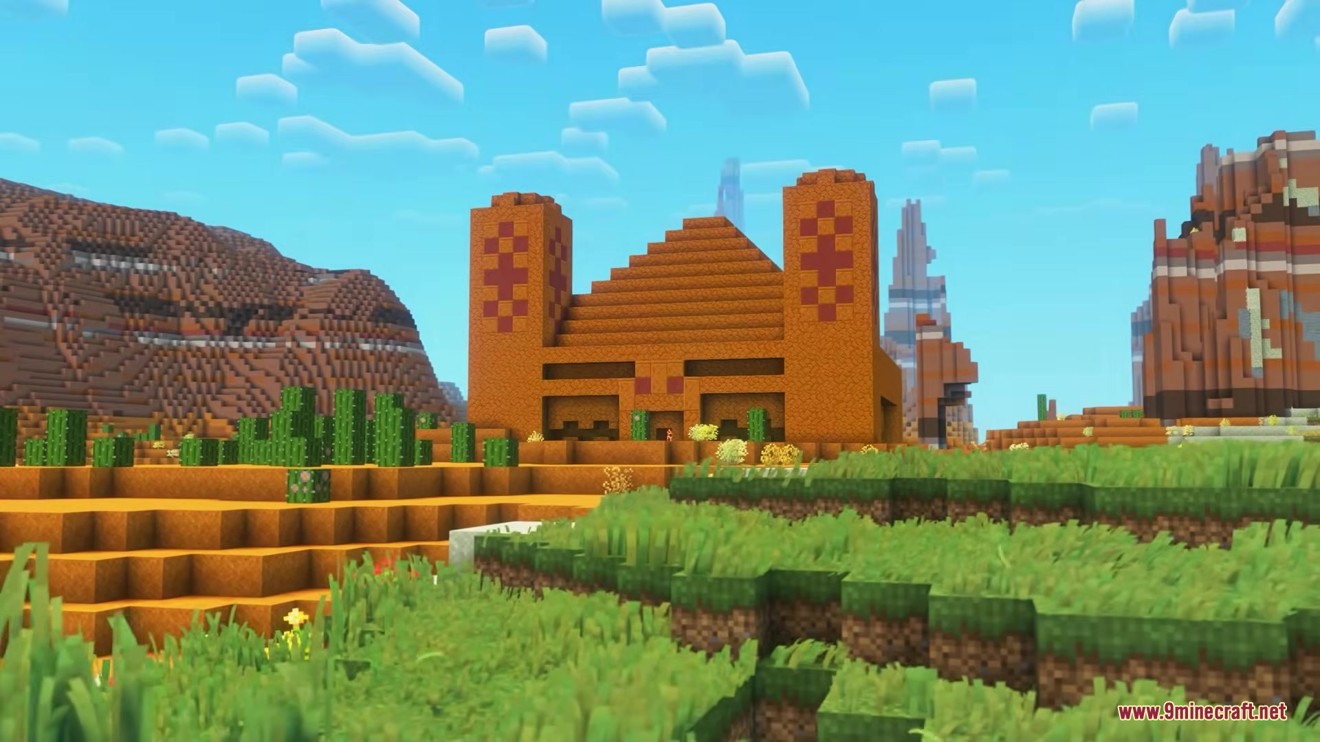A large Ashbound temple stands in a mesa biome under a blue sky