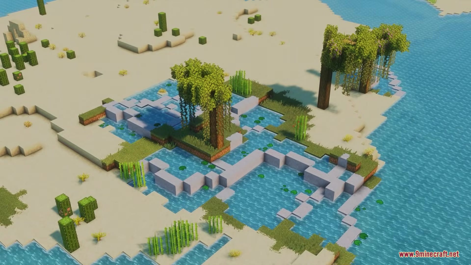 Lush desert oasis with green trees and sugar cane near the water