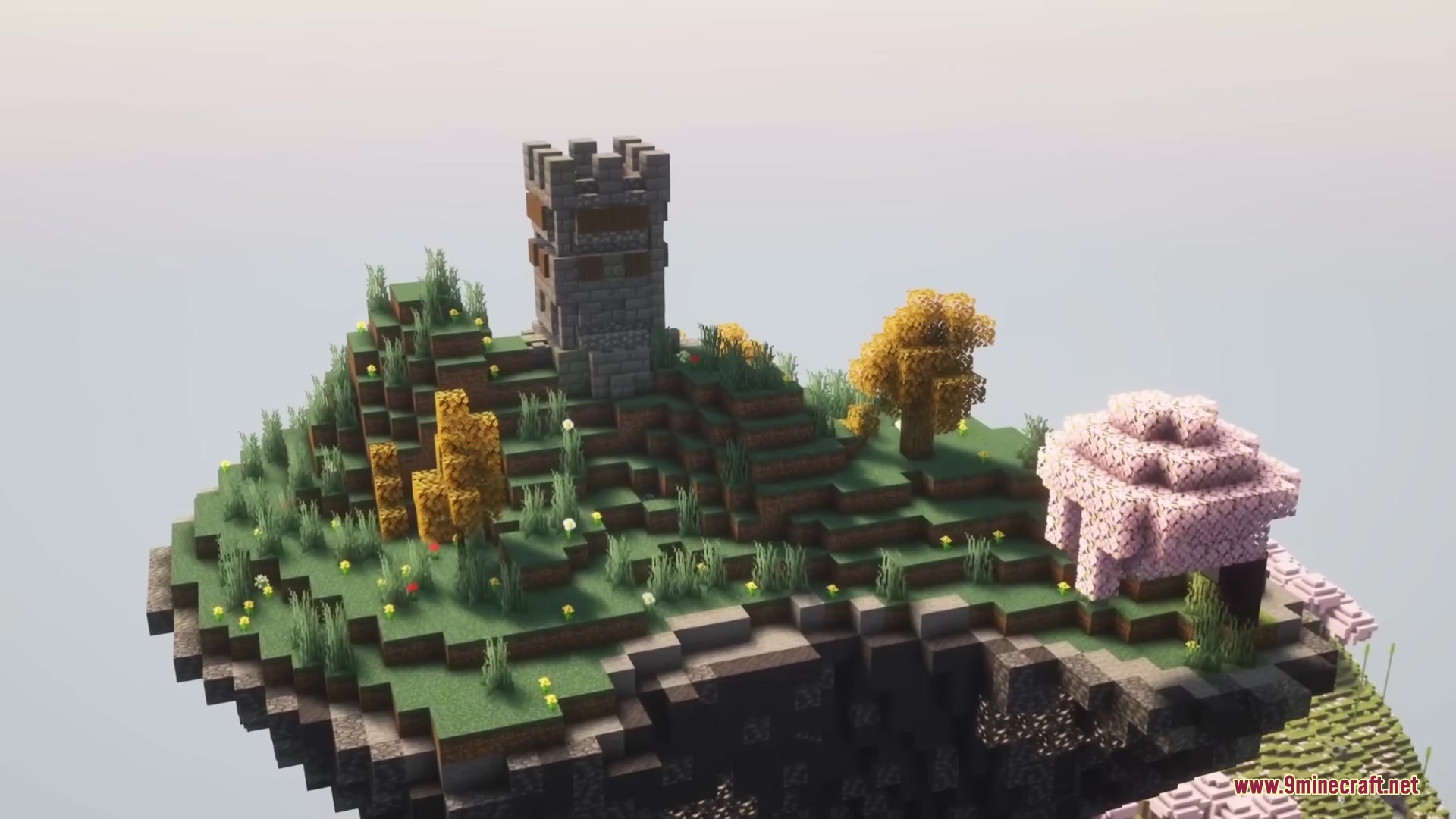 The Shadowlands Mod Screenshot 1 A stone tower on a floating island with pink and yellow trees