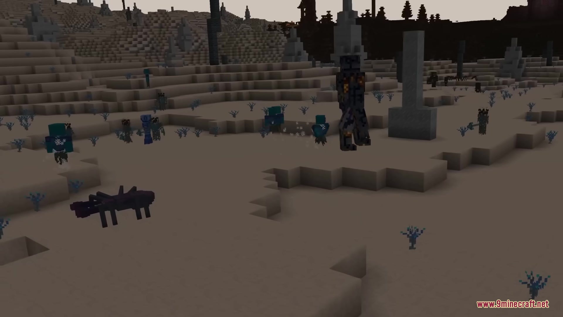 The Shadowlands Mod Screenshot 10 Dark mobs and a tall creature wander through a barren grey landscape