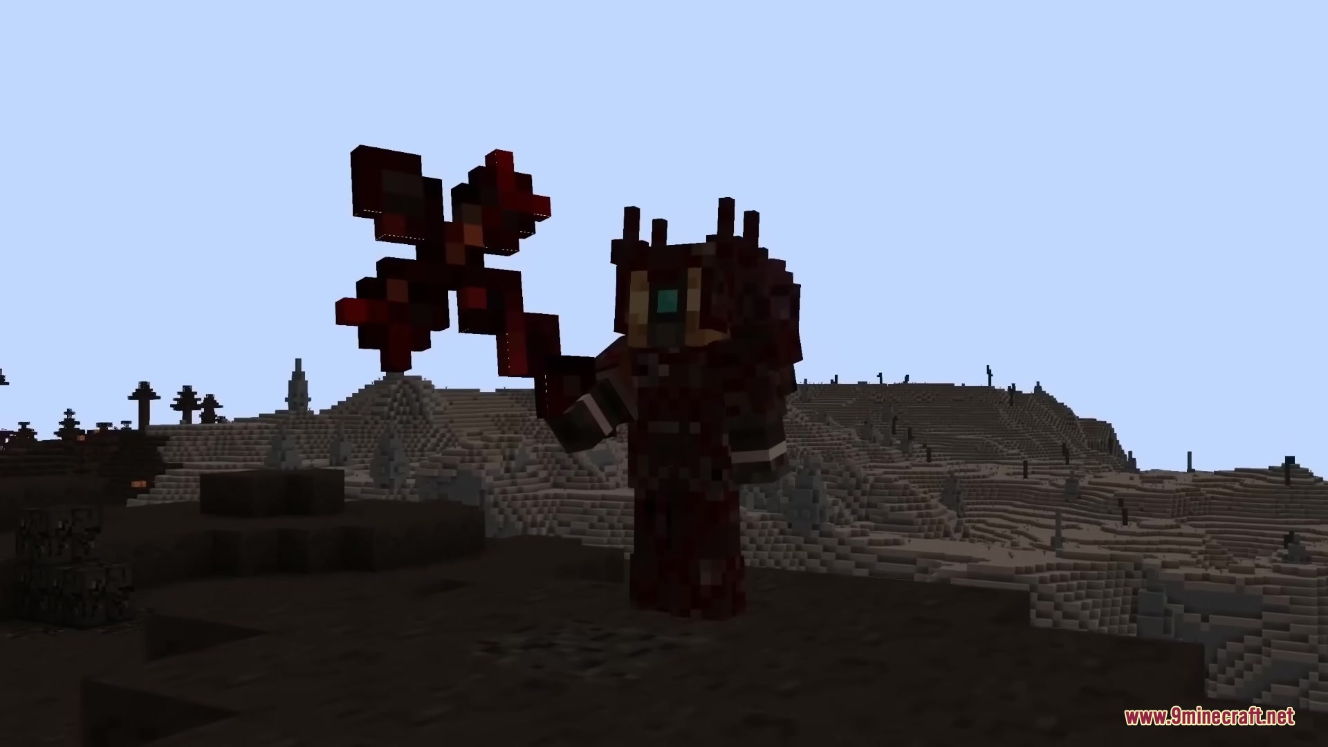 The Shadowlands Mod Screenshot 12 A player wearing dark armor holds a powerful red cross shaped magic weapon