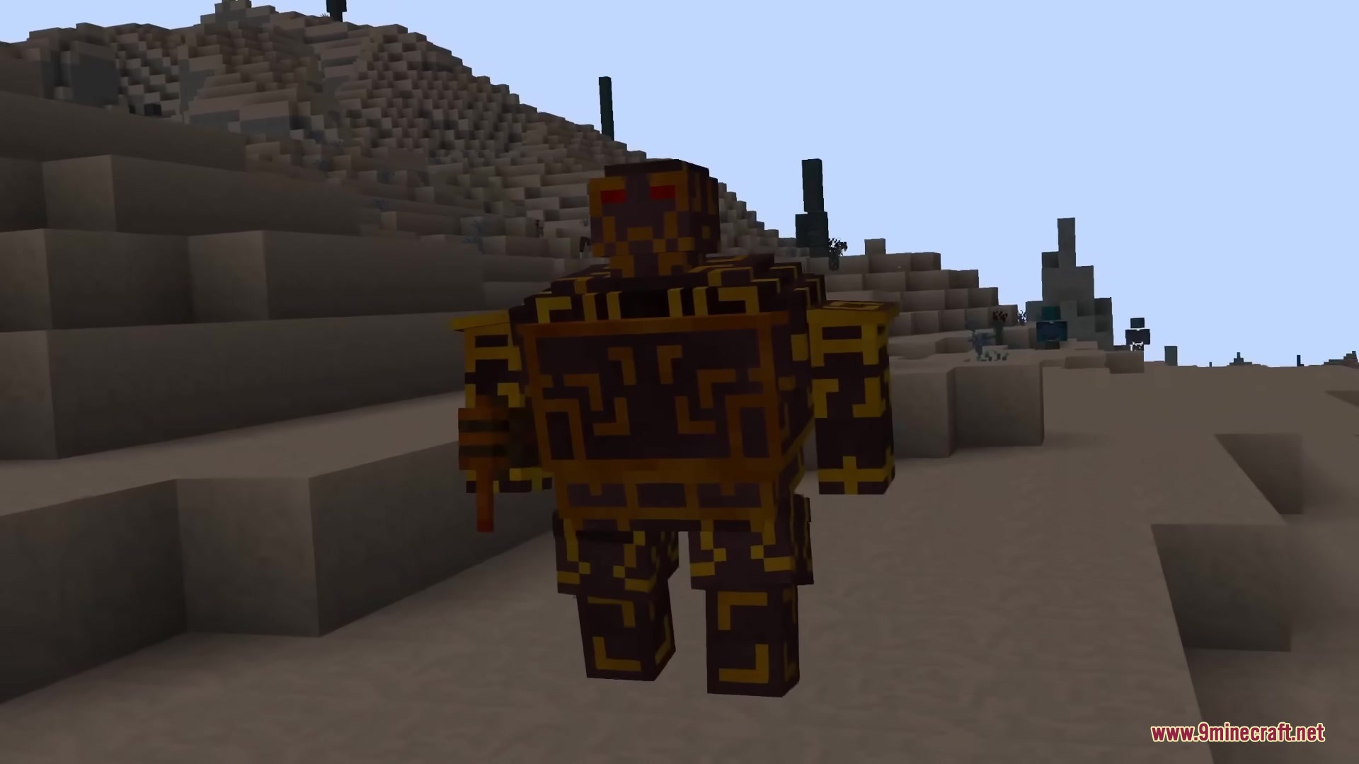 The Shadowlands Mod Screenshot 4 A giant mechanical boss standing in a desolate desert biome from Shadowlands Mod