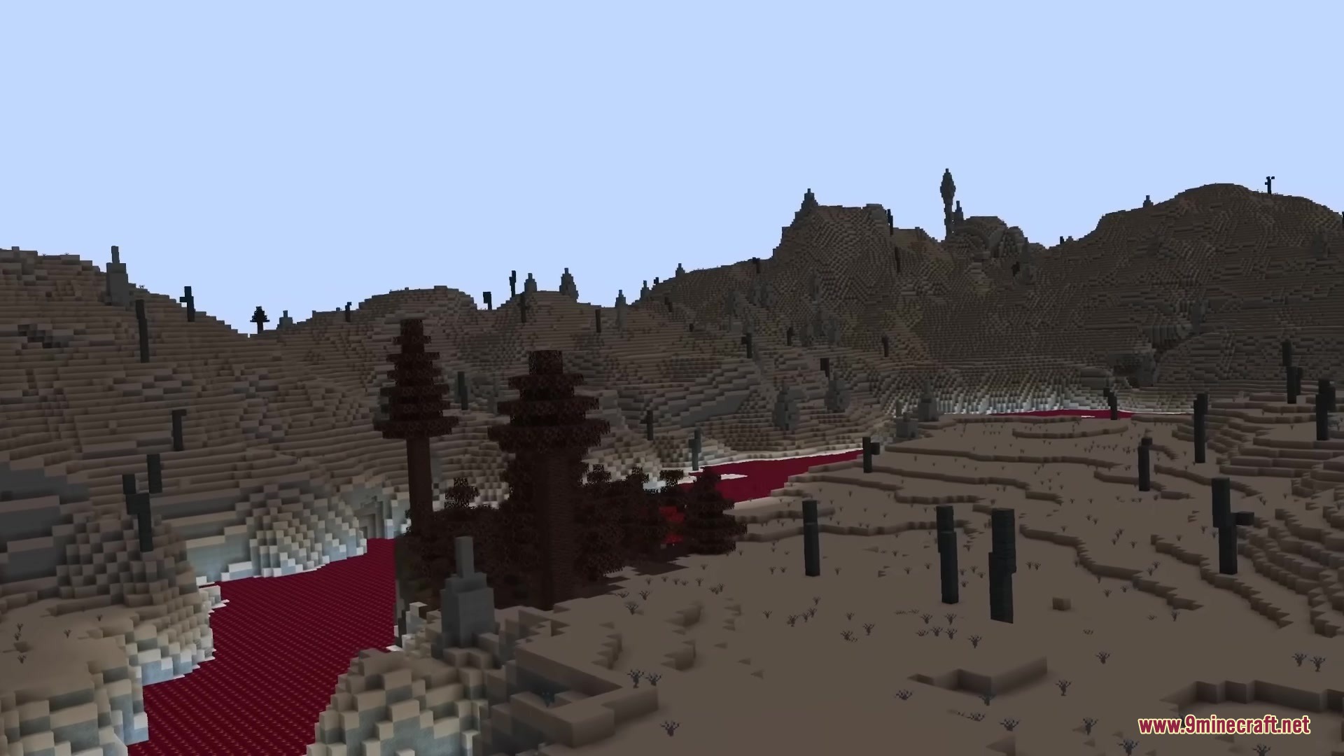 The Shadowlands Mod Screenshot 5 A red river flows through a dark biome in the Shadowlands dimension