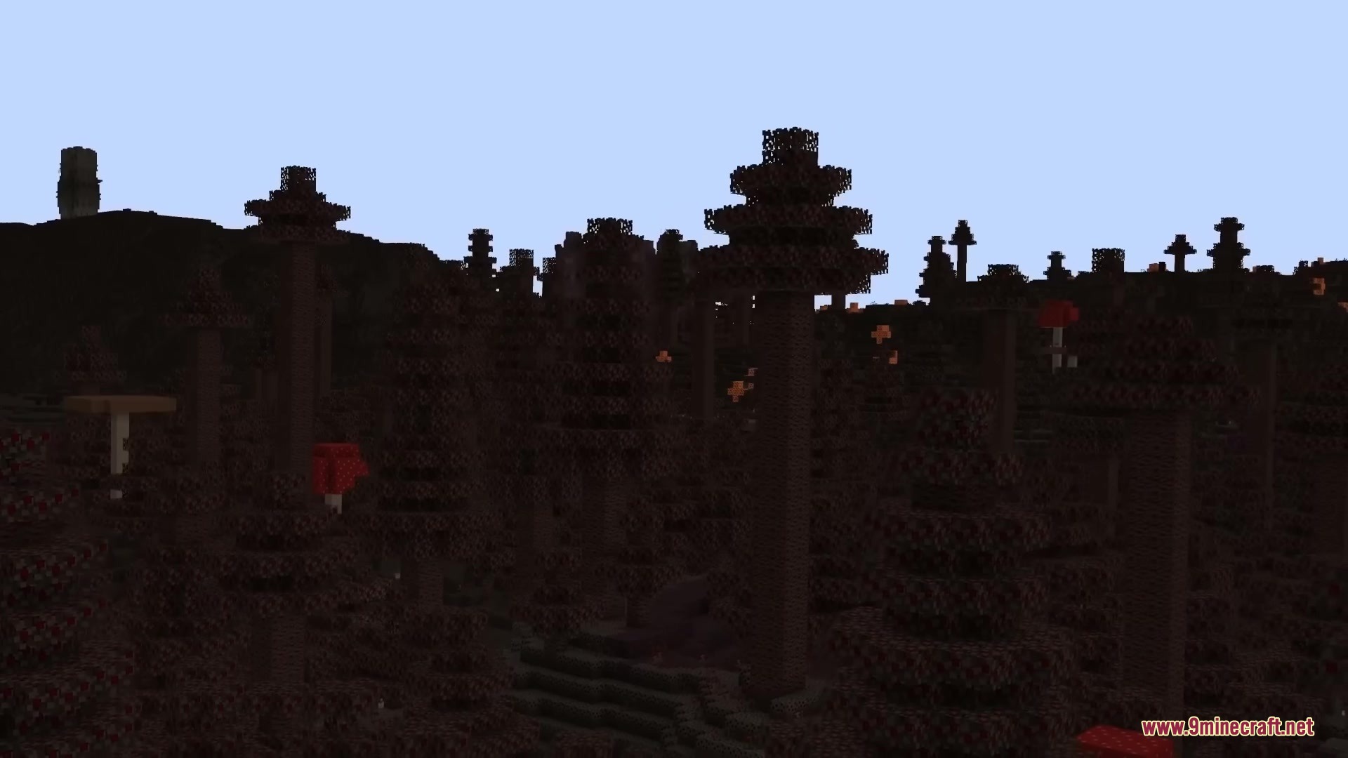The Shadowlands Mod Screenshot 7 Dark tiered trees and red mushrooms in a mysterious new Minecraft biome