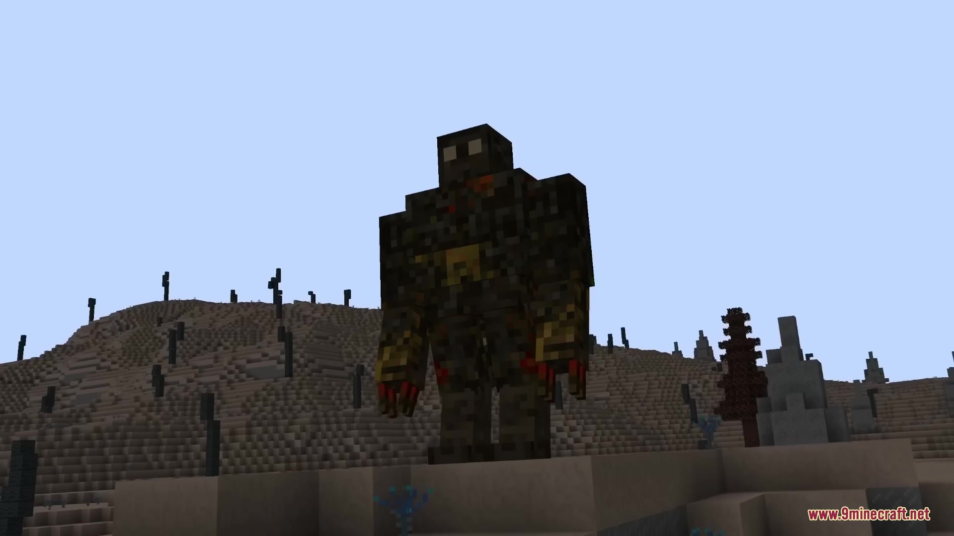 The Shadowlands Mod Screenshot 9 A massive dark golem stands tall in a desolate and rocky biome