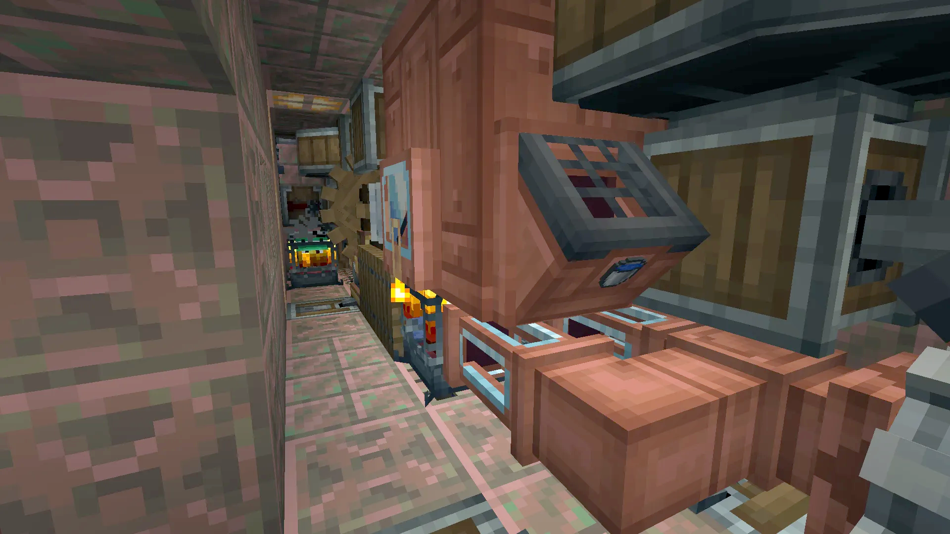 Interior view of a copper machine with pipes and steam engine