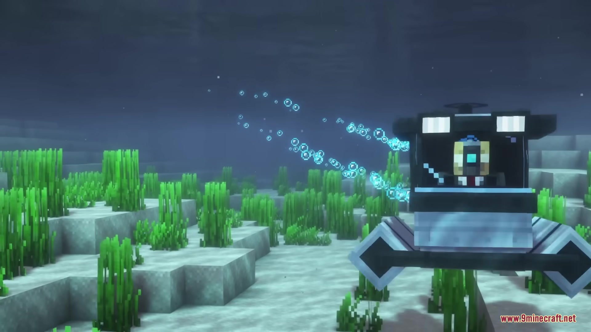 The Submarine Neo Forge Mod Screenshot 4 Front view of a submarine exploring the deep ocean with headlights