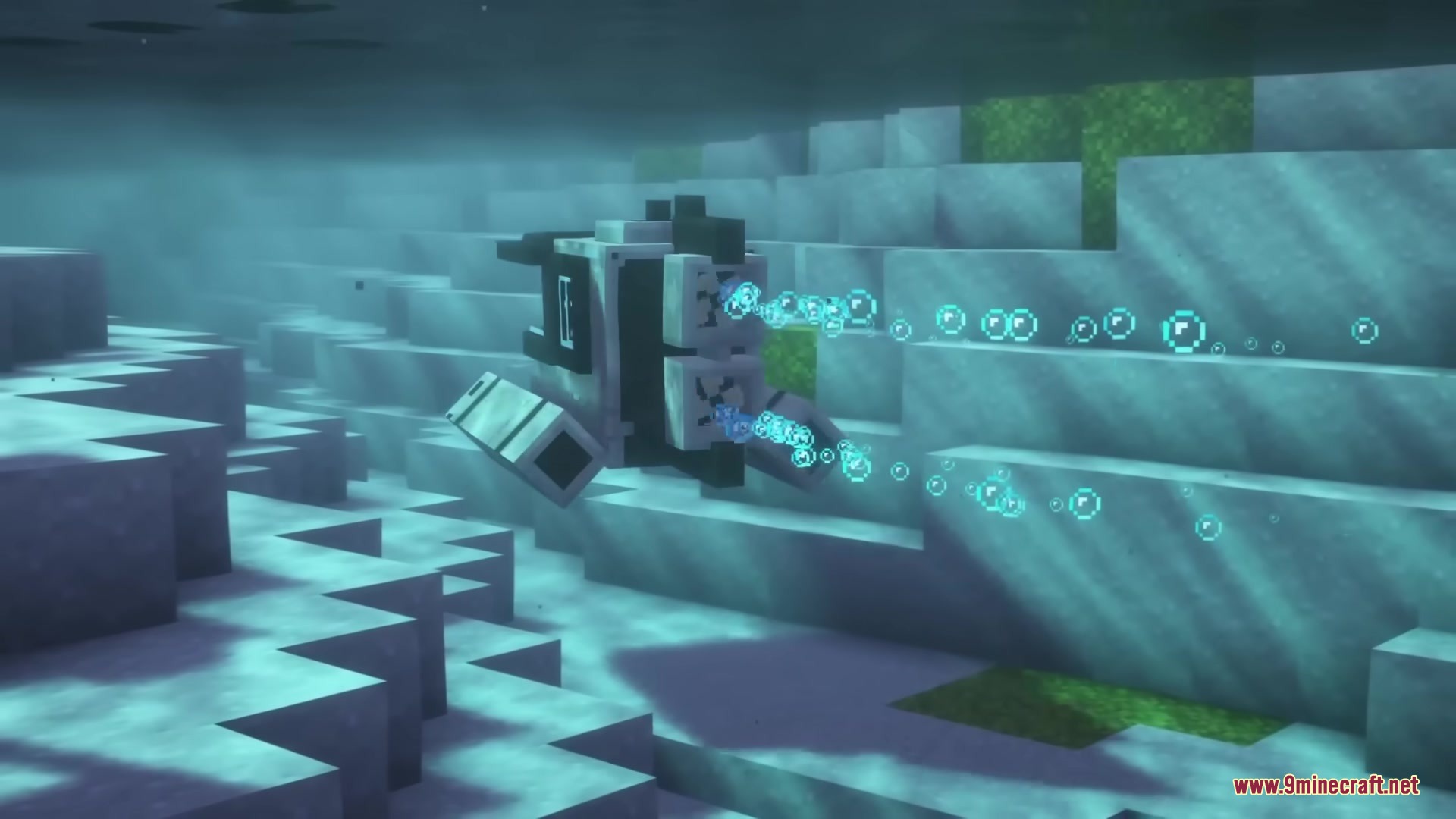 The Submarine Neo Forge Mod Screenshot 7 A blocky submarine travels across the ocean floor leaving a bubble trail