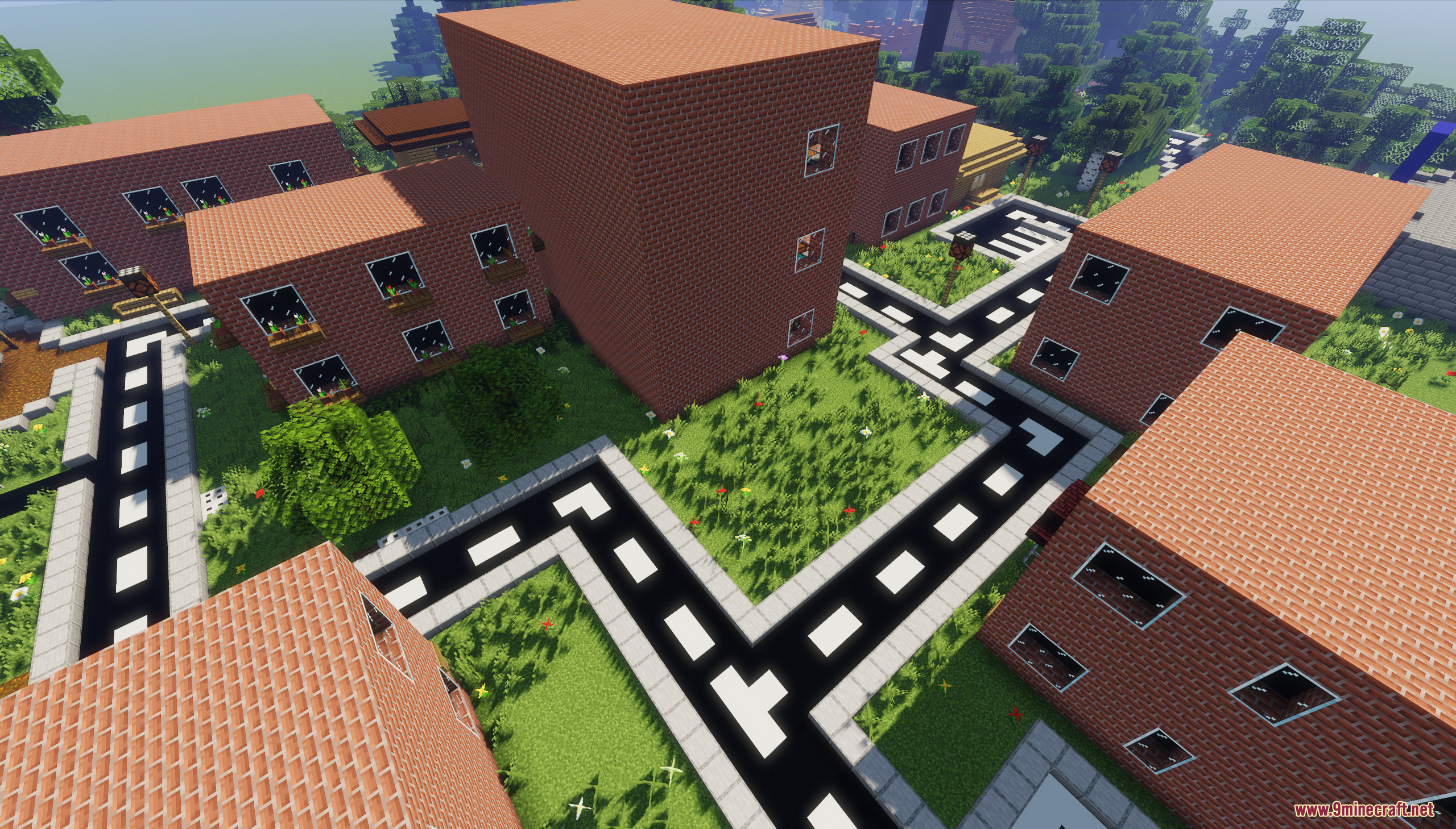 The Town of Mordovia Map Screenshot 6 Aerial view of brick houses and paved roads in a Minecraft town