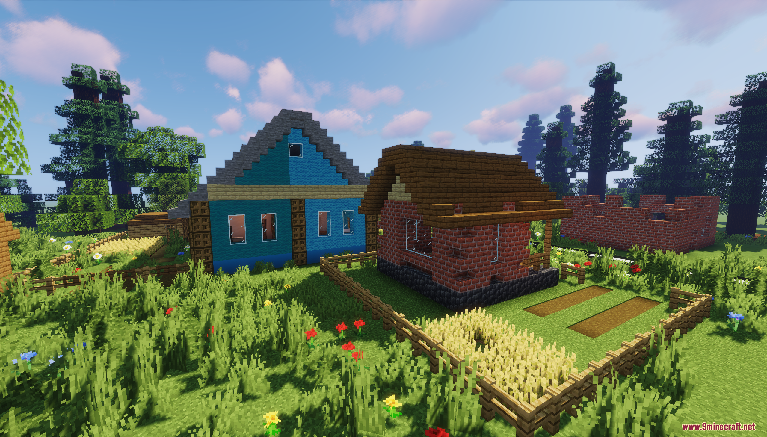 The Town of Mordovia Map Screenshot 9 A blue house and a brick house stand next to a small wheat farm