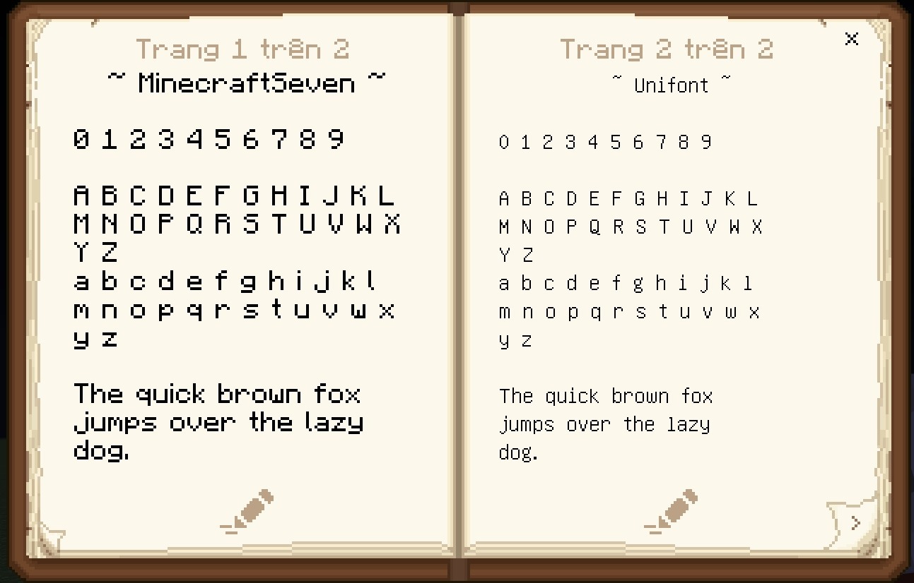 Minecraft book interface displaying various font options for the Vietnamese language pack