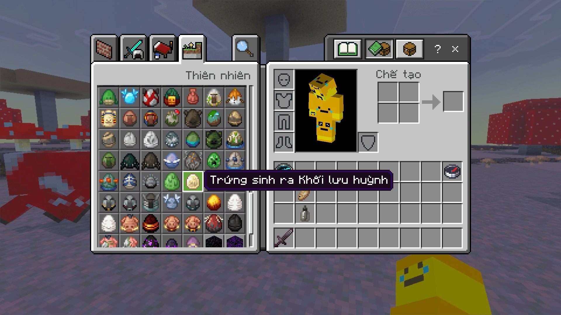 Creative inventory menu displaying translated item names and descriptions in Vietnamese