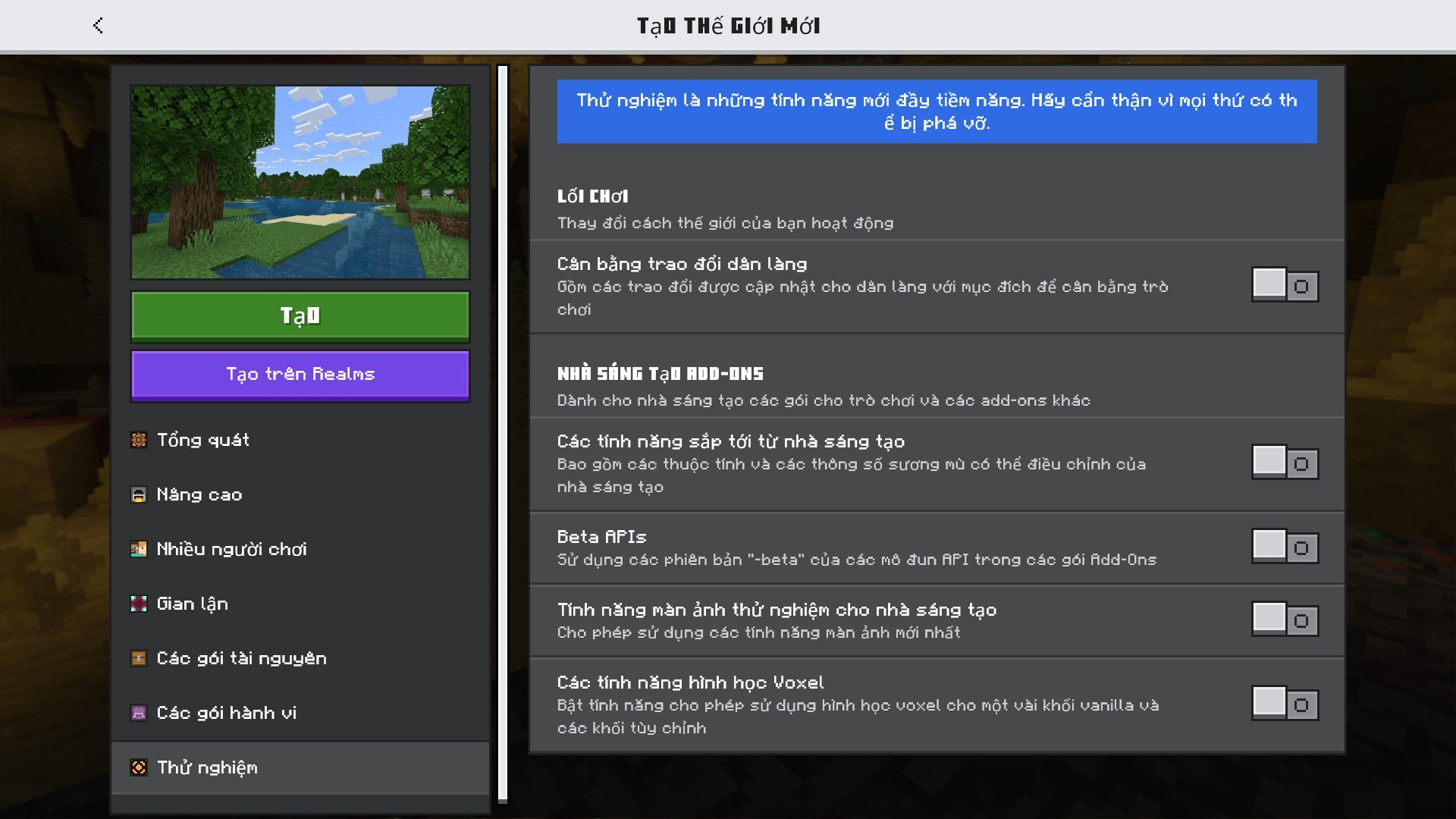 Minecraft world creation menu screen with various settings translated into Vietnamese language