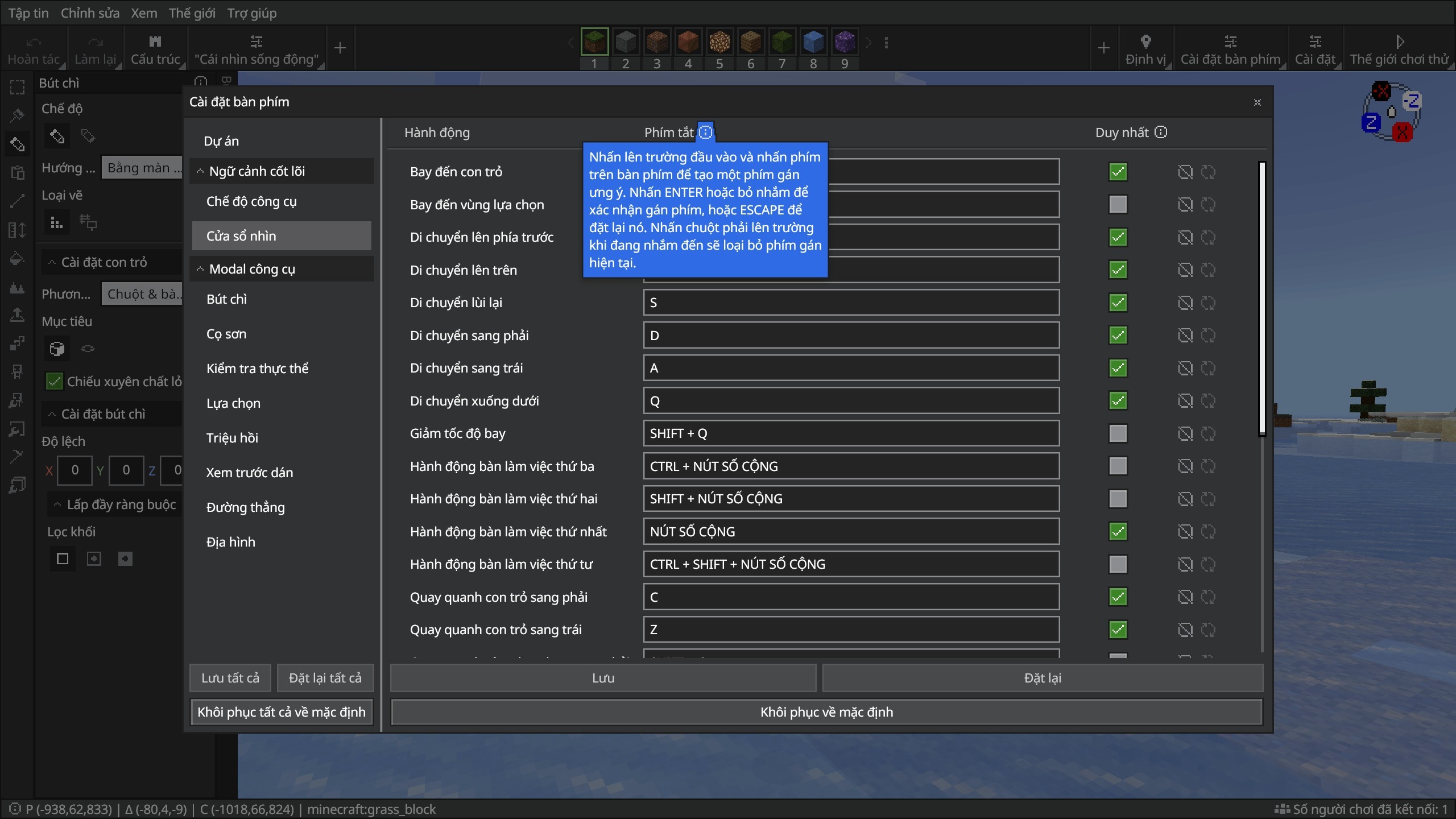 Keyboard settings menu showing game controls and instructions translated into Vietnamese language