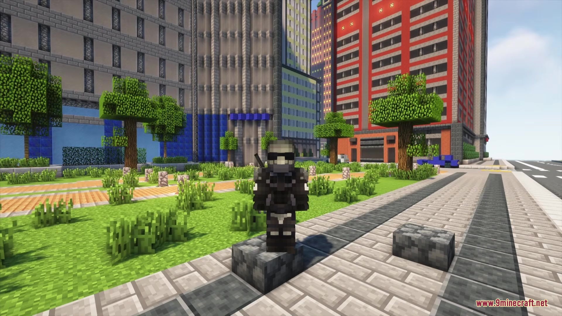Throgy's Addon Mod Screenshot 1 A superhero character in black armor stands on a block in a city