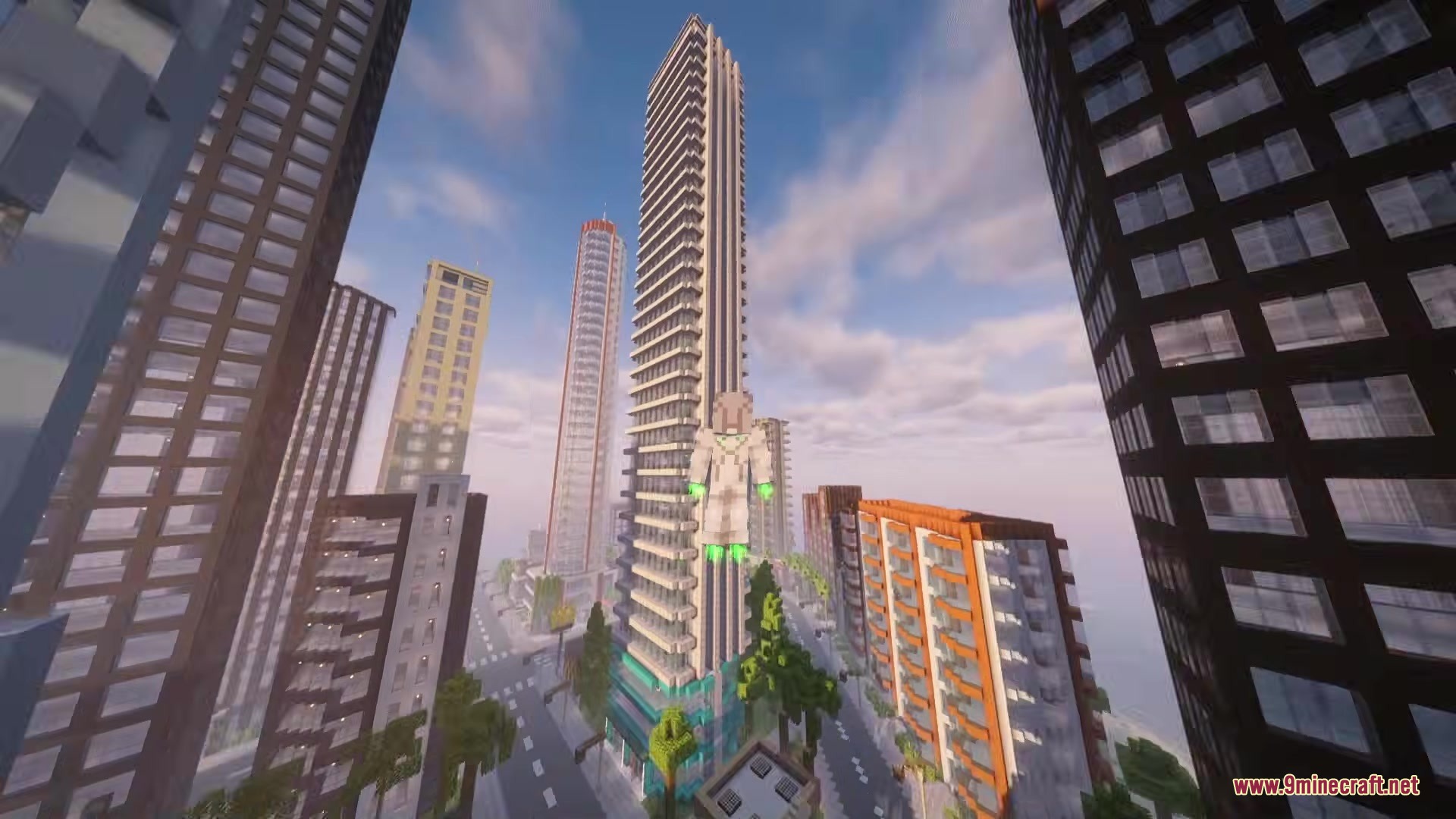 Throgy's Addon Mod Screenshot 10 Player character flying through a city street surrounded by many tall buildings