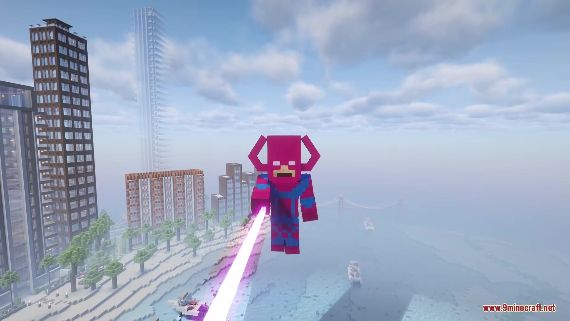 Throgy's Addon Mod Screenshot 3 Galactus flying above a city while firing a purple energy beam from his hand