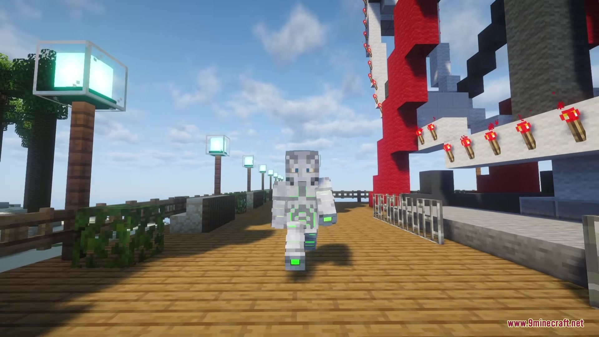 Throgy's Addon Mod Screenshot 4 A player wearing advanced white armor walks along a wooden pier with sea lanterns