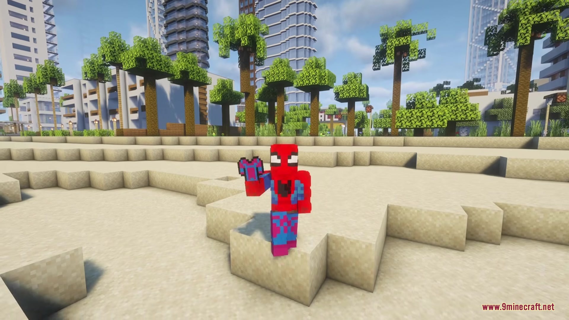 Throgy's Addon Mod Screenshot 5 Minecraft player wearing a Spiderman suit standing on sand with a city background