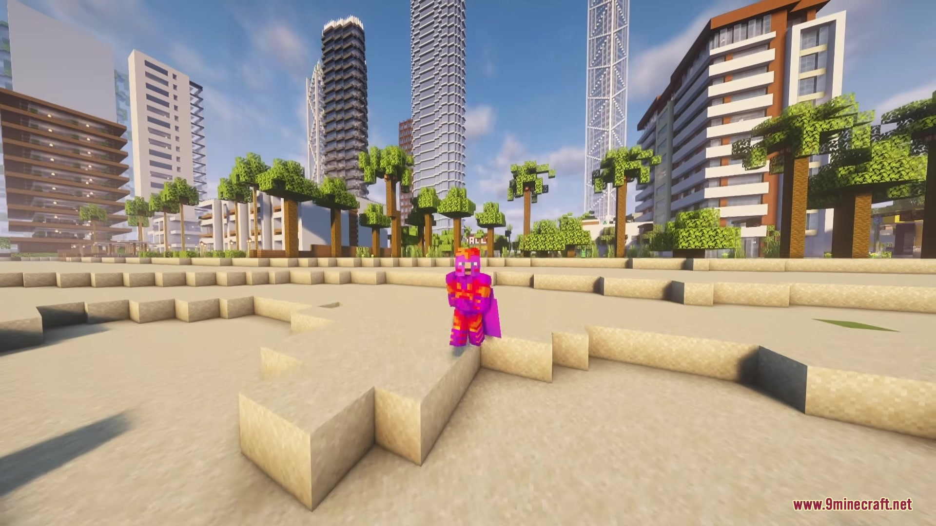 Throgy's Addon Mod Screenshot 6 Minecraft character wearing a Magneto suit standing on sand with a city background