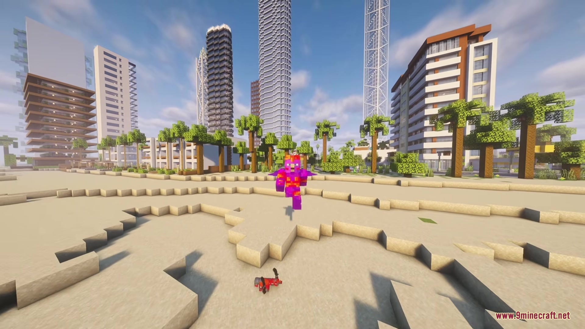Throgy's Addon Mod Screenshot 7 A player wearing a purple superhero suit runs through a modern coastal city