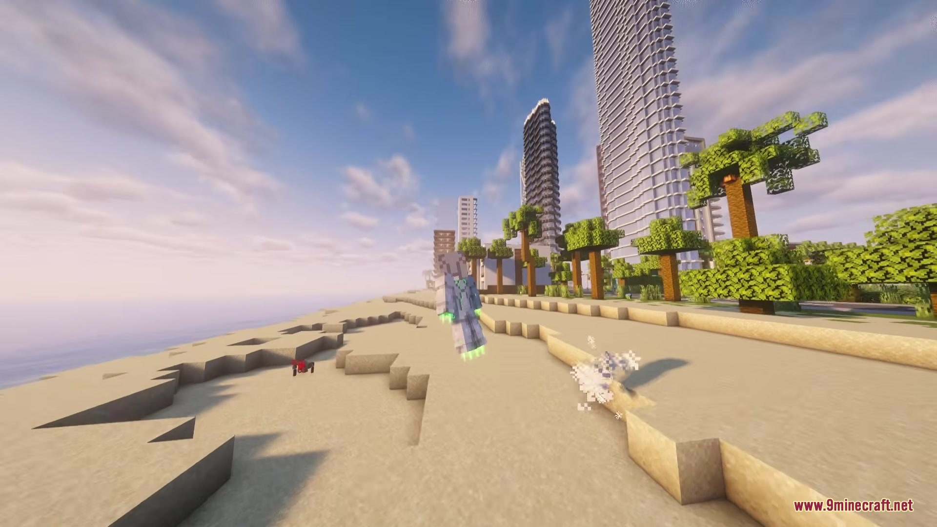 Throgy's Addon Mod Screenshot 8 A character in a white suit flies above a sandy beach area