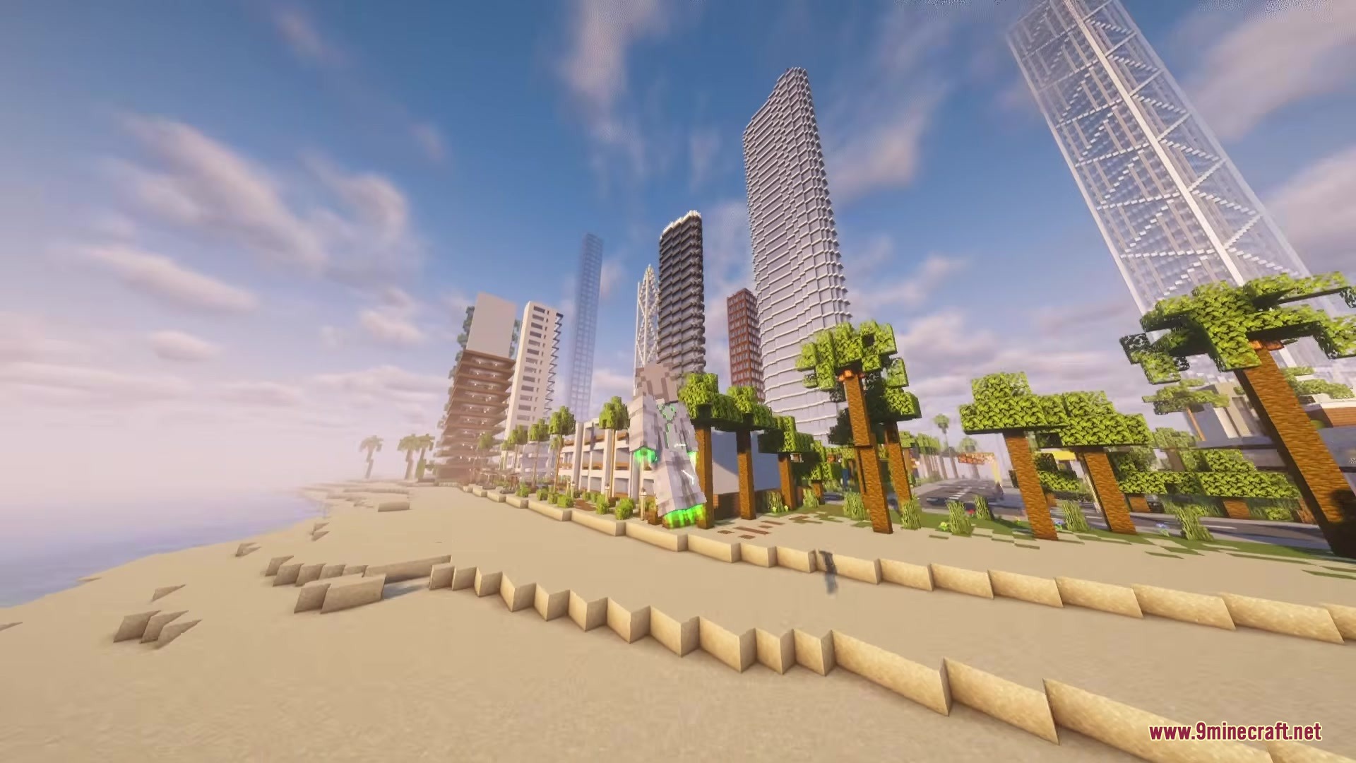 Throgy's Addon Mod Screenshot 9 Superhero character using flight powers over a beach city with modern skyscrapers