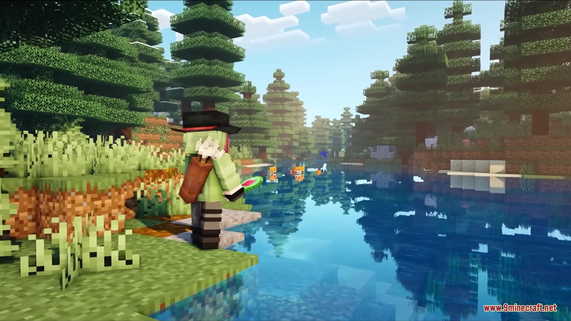 Player character holding a time control item while watching foxes swim in water