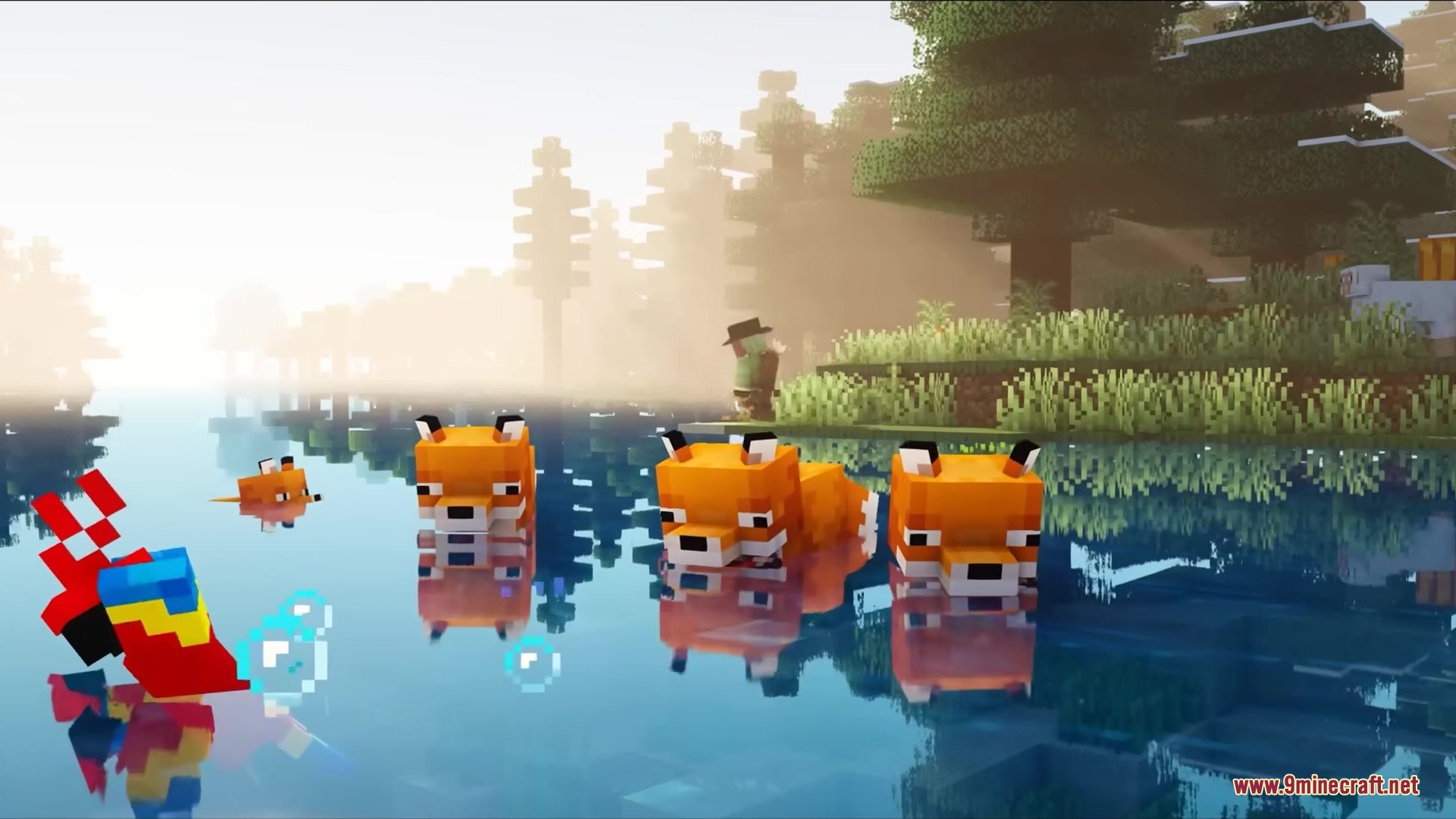 Foxes and a parrot swimming in a foggy lake during a peaceful morning