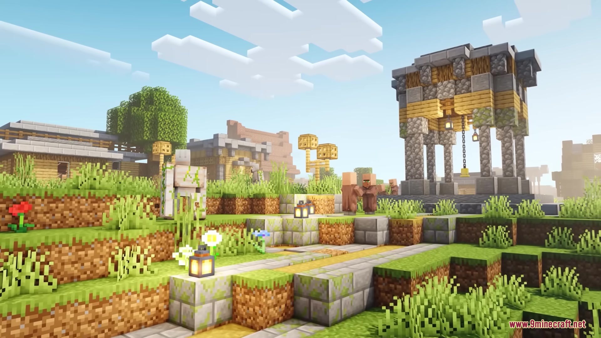 Iron Golem and villagers walking through a sunny village with a bell tower