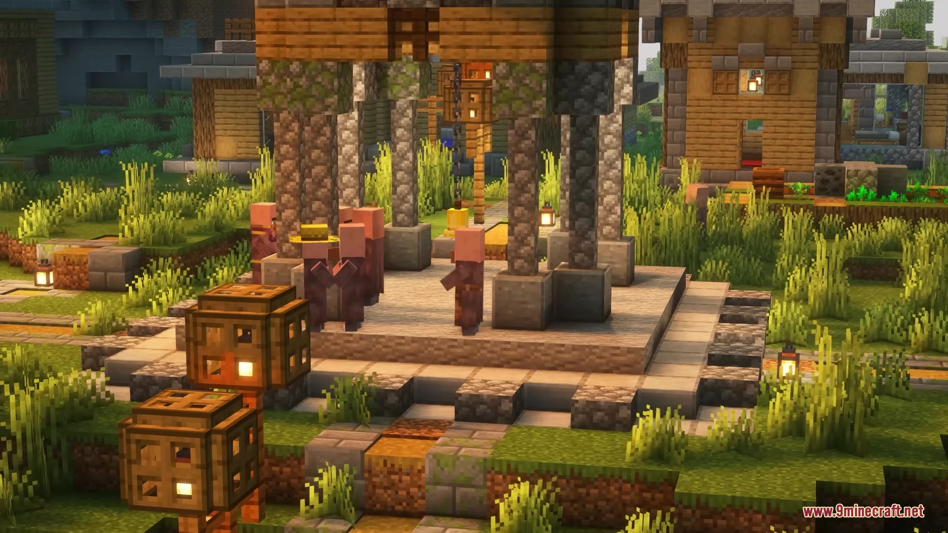 Minecraft villagers gathering at a stone structure during a warm golden sunset