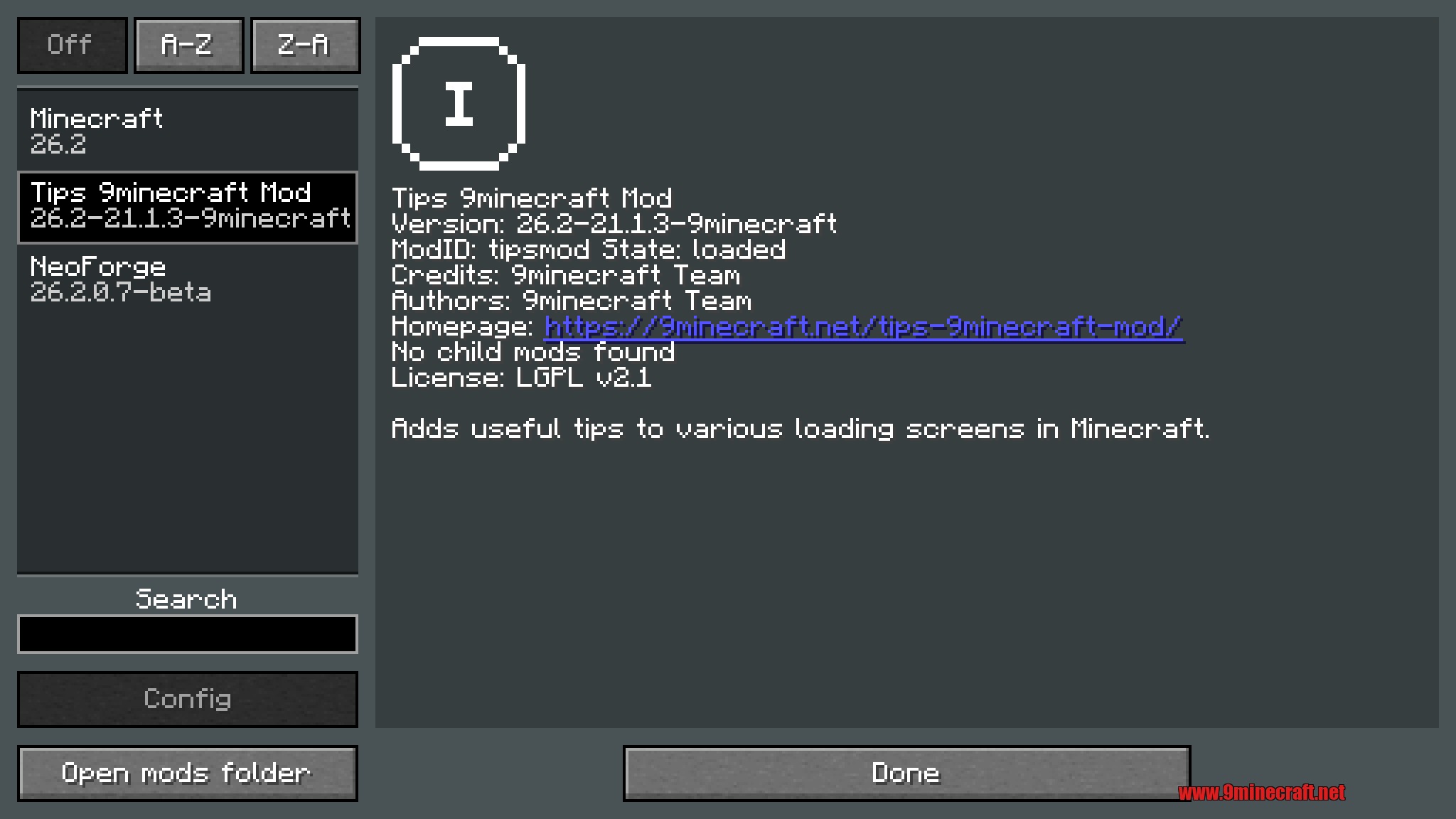 Tips 9minecraft Mod showing in the NeoForge mods list with version and 9minecraft Team credits