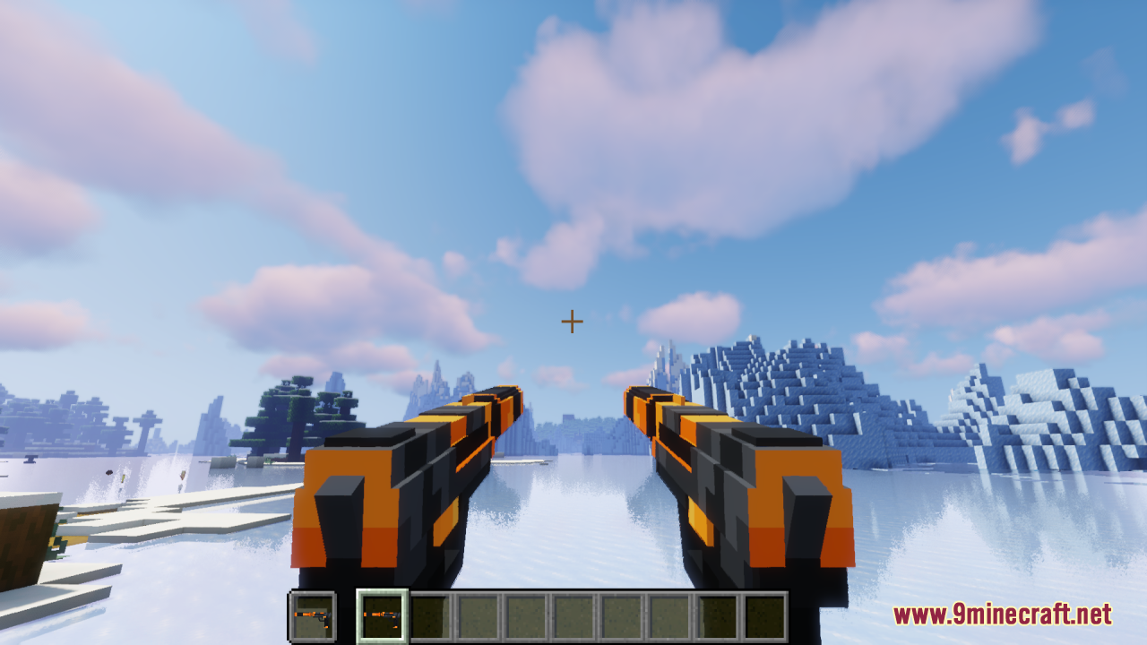 Player dual wielding two orange and black 3D guns in a snowy biome
