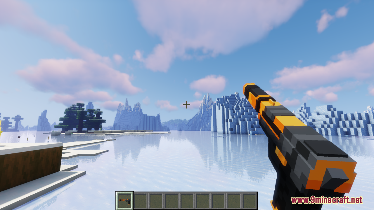The player aims a detailed 3D pistol model over a frozen lake