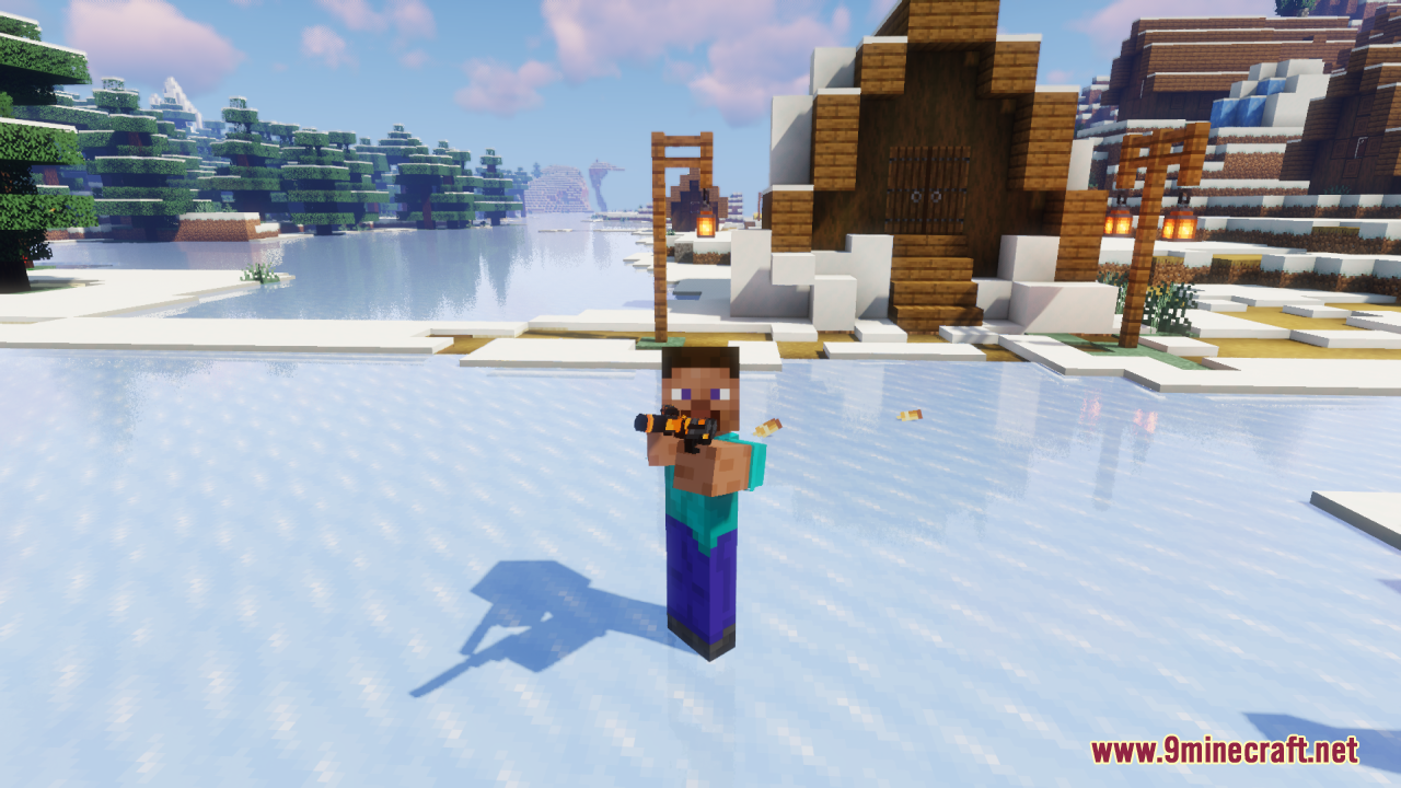 Minecraft character aiming a sniper rifle while standing on a frozen lake