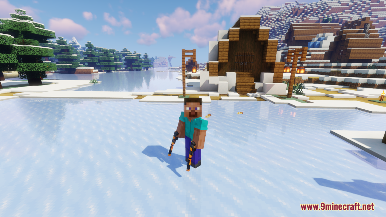 Steve dual wielding two pistols in a snowy village with wooden houses