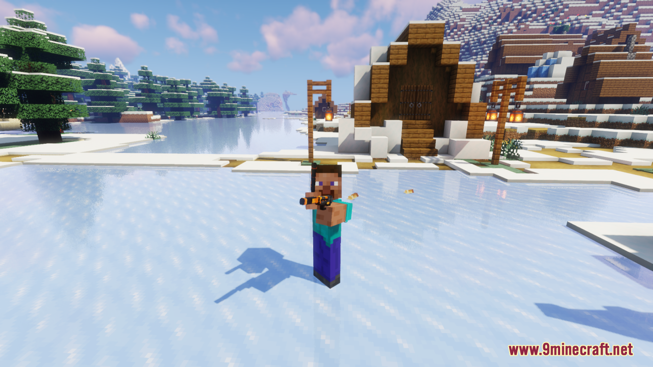 A Minecraft character holding a custom gun model in a snowy village