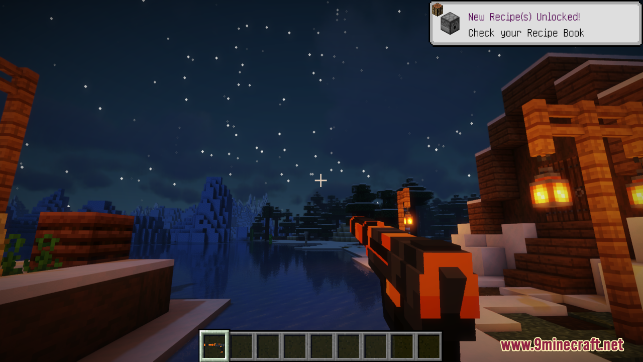 First person view of a custom firearm model during a snowy night