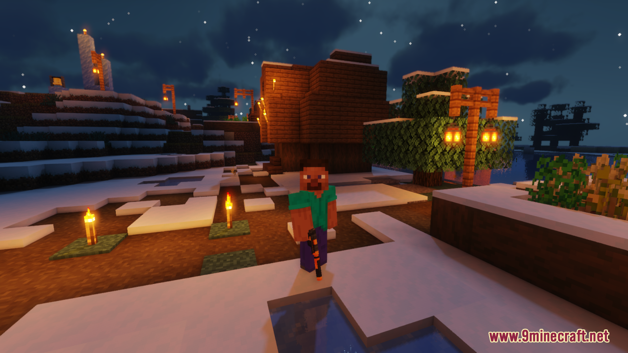 Minecraft character holding a 3D gun model in a snowy village at night