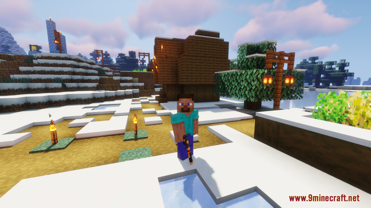 Minecraft character holding a 3D gun model in a snowy village during daytime