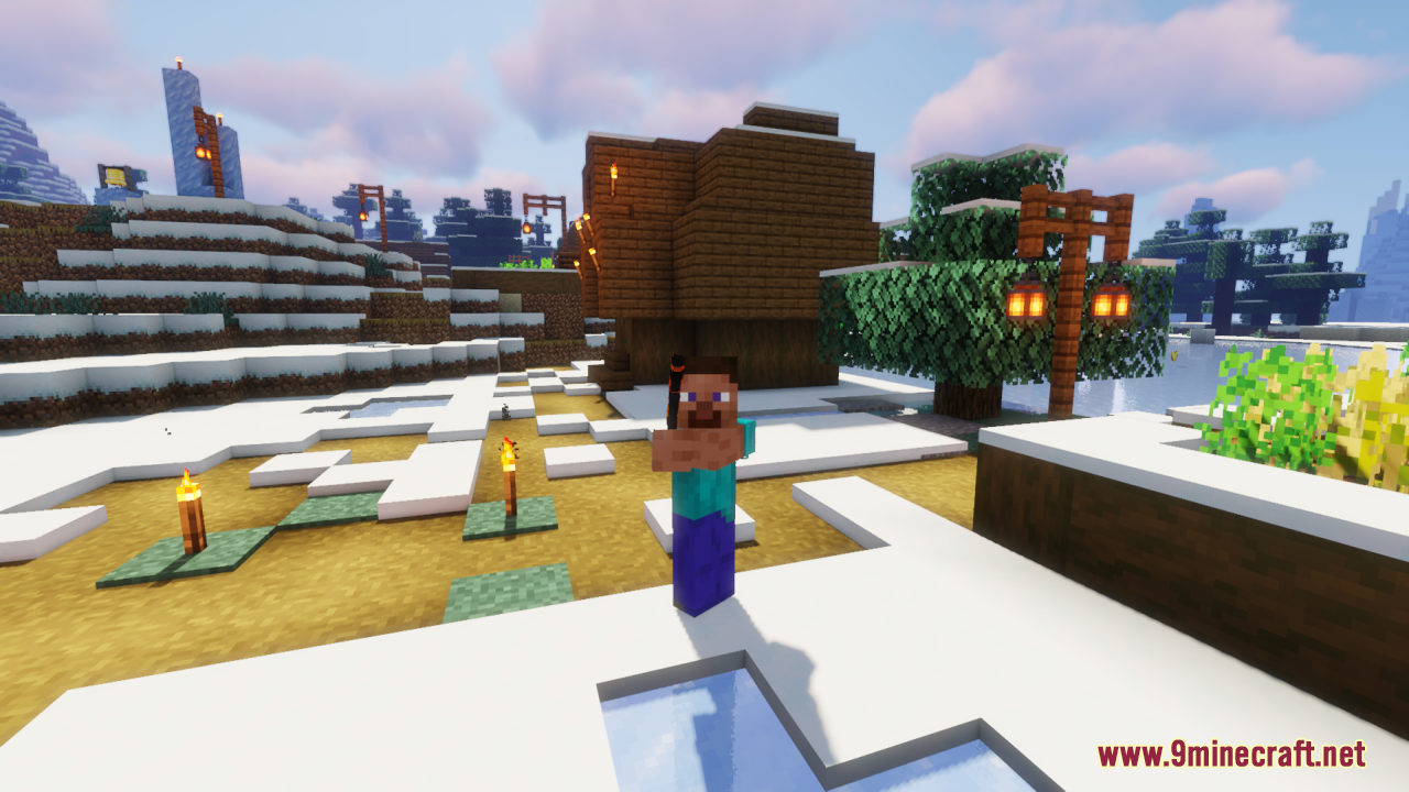 A Minecraft character holding a 3D pistol in a snowy winter village