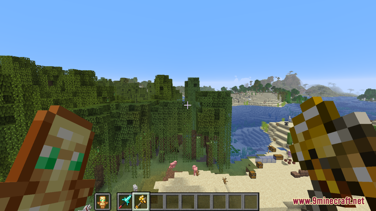 Tools Reimagined Resource Pack Screenshot 1 First person view holding a totem and a custom tool in mangrove swamp