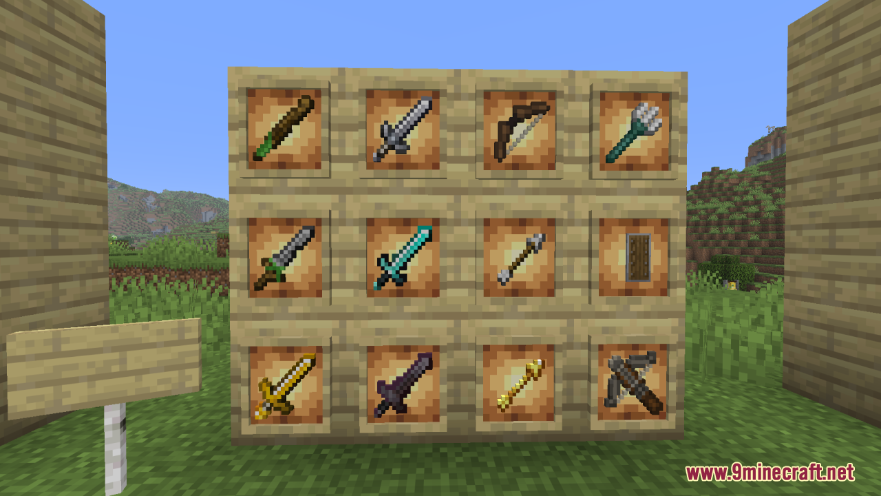 Tools Reimagined Resource Pack Screenshot 10 Tools Reimagined Resource Pack displays various custom weapons and tools in item frames