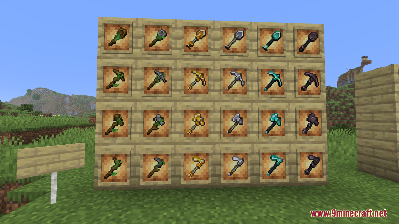 Tools Reimagined Resource Pack Screenshot 11 Tools Reimagined resource pack showcasing various custom shaped tools on a wooden wall