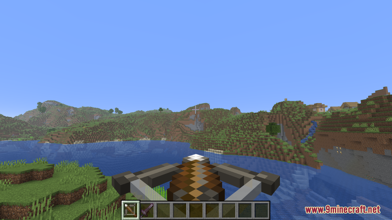 Tools Reimagined Resource Pack Screenshot 12 First person view of a player holding a crossbow overlooking a river landscape