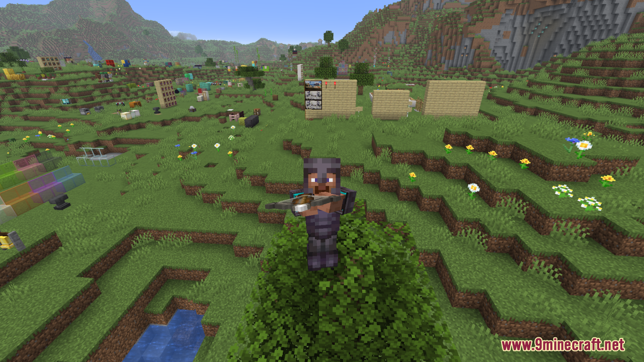 Tools Reimagined Resource Pack Screenshot 13 A player wearing netherite armor aims a redesigned crossbow in a Minecraft world