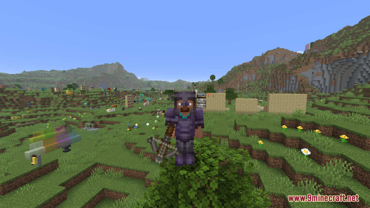 Tools Reimagined Resource Pack Screenshot 14 A player in netherite armor stands on leaves holding a custom wooden crossbow