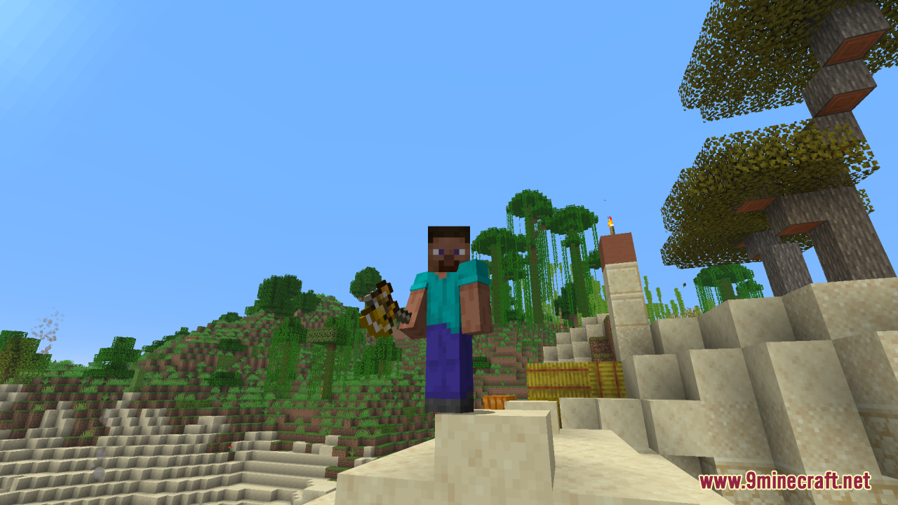 Tools Reimagined Resource Pack Screenshot 2 Player character holding a custom netherite tool with gold trims in a jungle