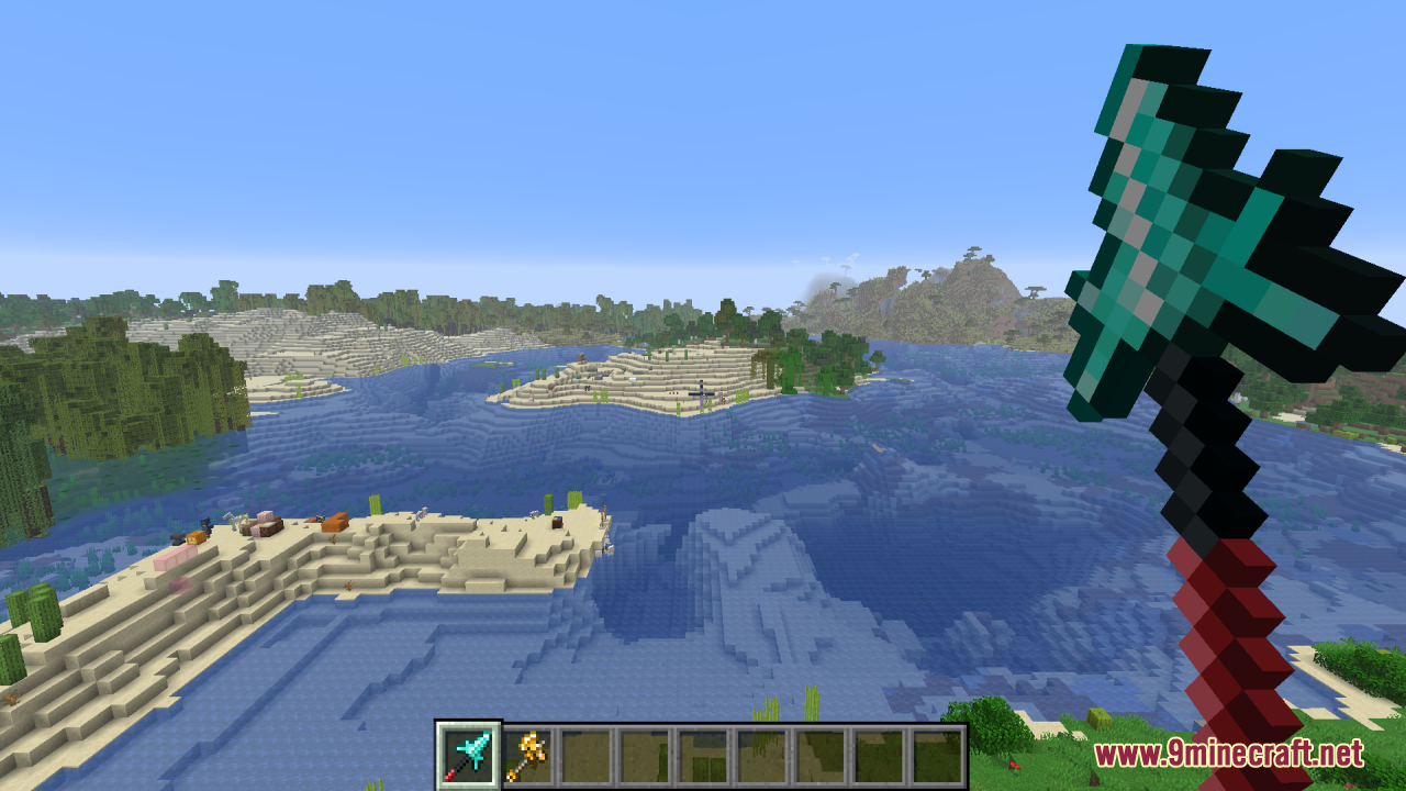 Tools Reimagined Resource Pack Screenshot 4 First person view of a player holding a large custom diamond battleaxe